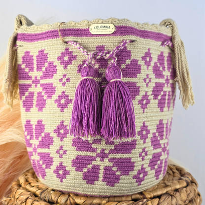 Handmade Crossbody Bucket Bag – Wayuu Design Braided Strap (Medium)