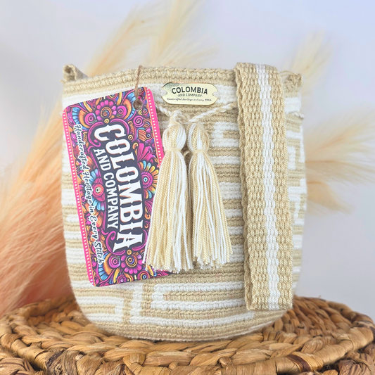 Handmade Crossbody Bucket Bag – Wayuu Design Woven Strap (Small)